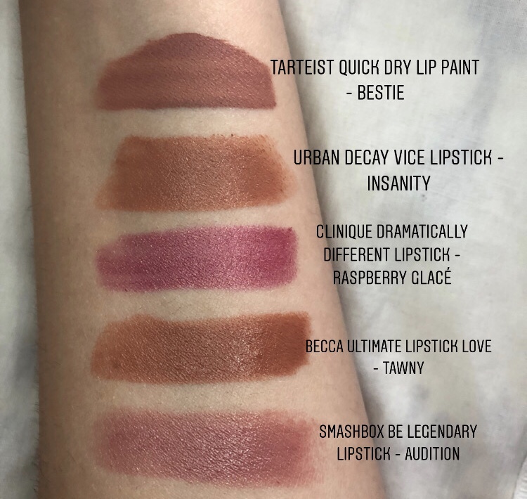 Lipstick arm swatches from Tarte, Urban Decay, Clinique, BECCA, and Smashbox
