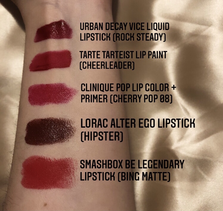 A photo of red lipstick swatches on an arm.
